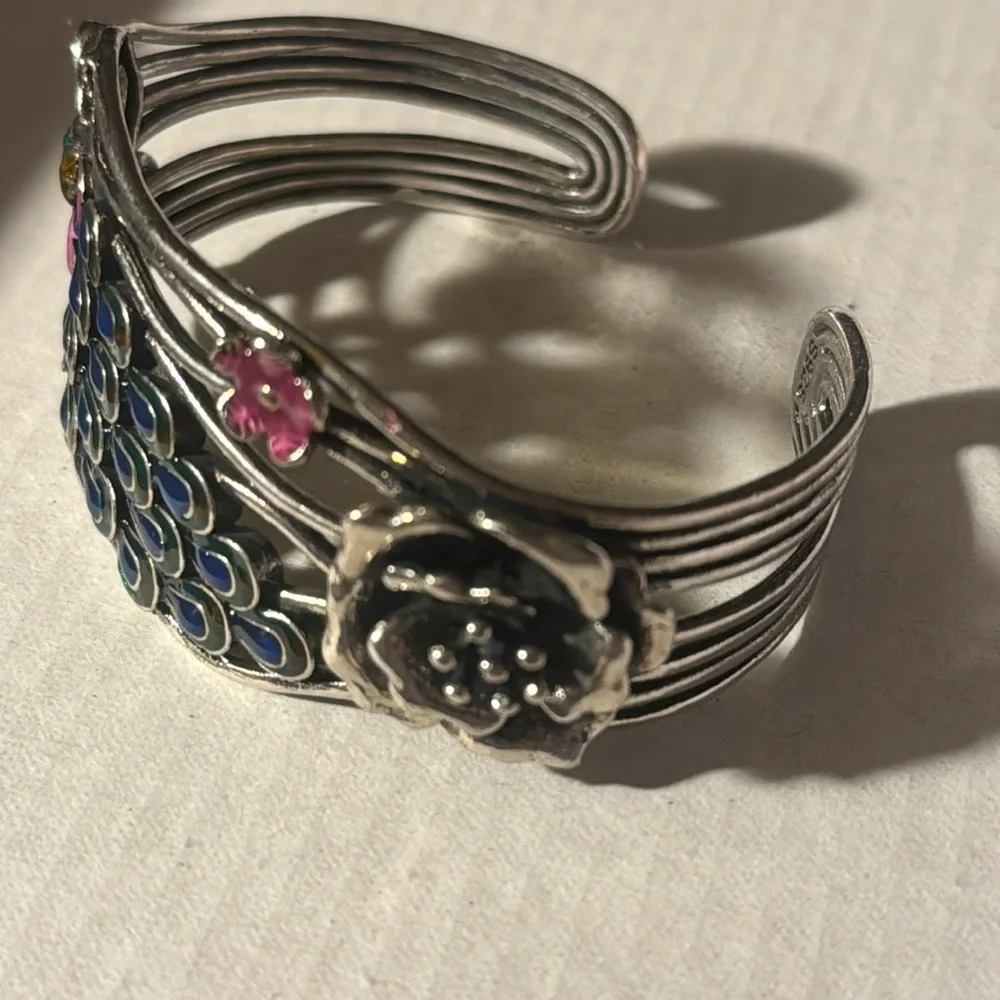 Sterling Silver Peacock Bangle Bracelet Cuff